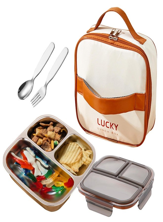 GUDGI Stainless Steel snack Containers with lids & Spoon Fork & Insulated Bag, Leak-Proof 3 Compartment Food Containers , Food-Grade 304 Stainless Steel, Ideal for Home, Office & Travel (Transparent black) - Image 1